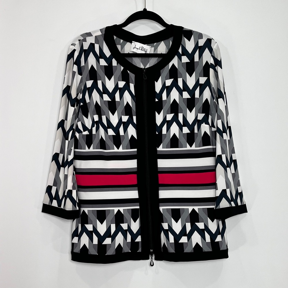 Joseph Ribkoff Womens Geometric Chevron Zip Front Jacket Black Pink Size XL